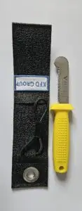 KFD Group's Safety Knife with Flex Sheath 9cm. Designed for tough offshore work, this knife offers durability and a secure grip. Trusted for 70 years.