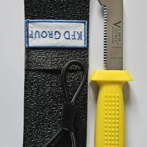 KFD Group's Safety Knife with Flex Sheath 9cm. Designed for tough offshore work, this knife offers durability and a secure grip. Trusted for 70 years.