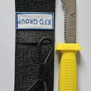 KFD Group's Safety Knife with Flex Sheath 9cm. Designed for tough offshore work, this knife offers durability and a secure grip. Trusted for 70 years.